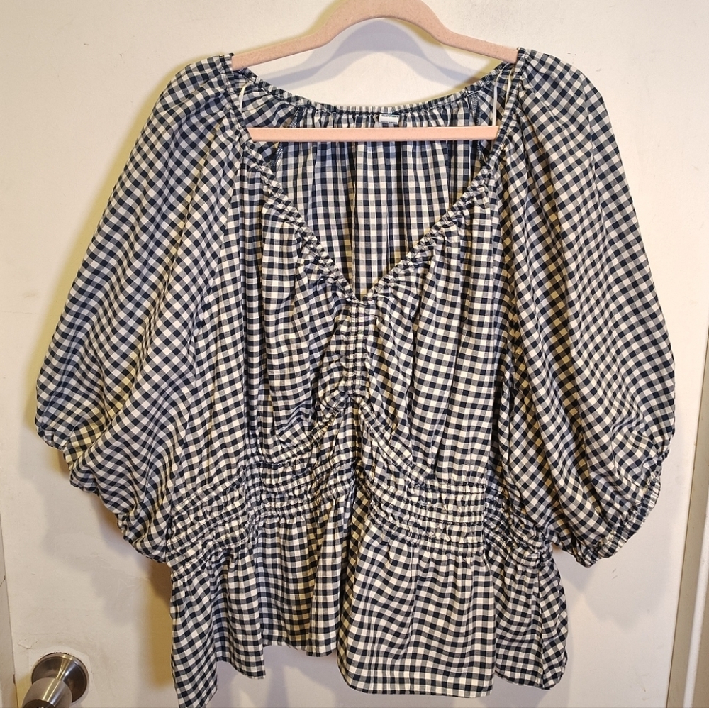 Old Navy Women's Blue Gingham Smocked Waist V-Neck Too Sz 4X Casual Party Travel